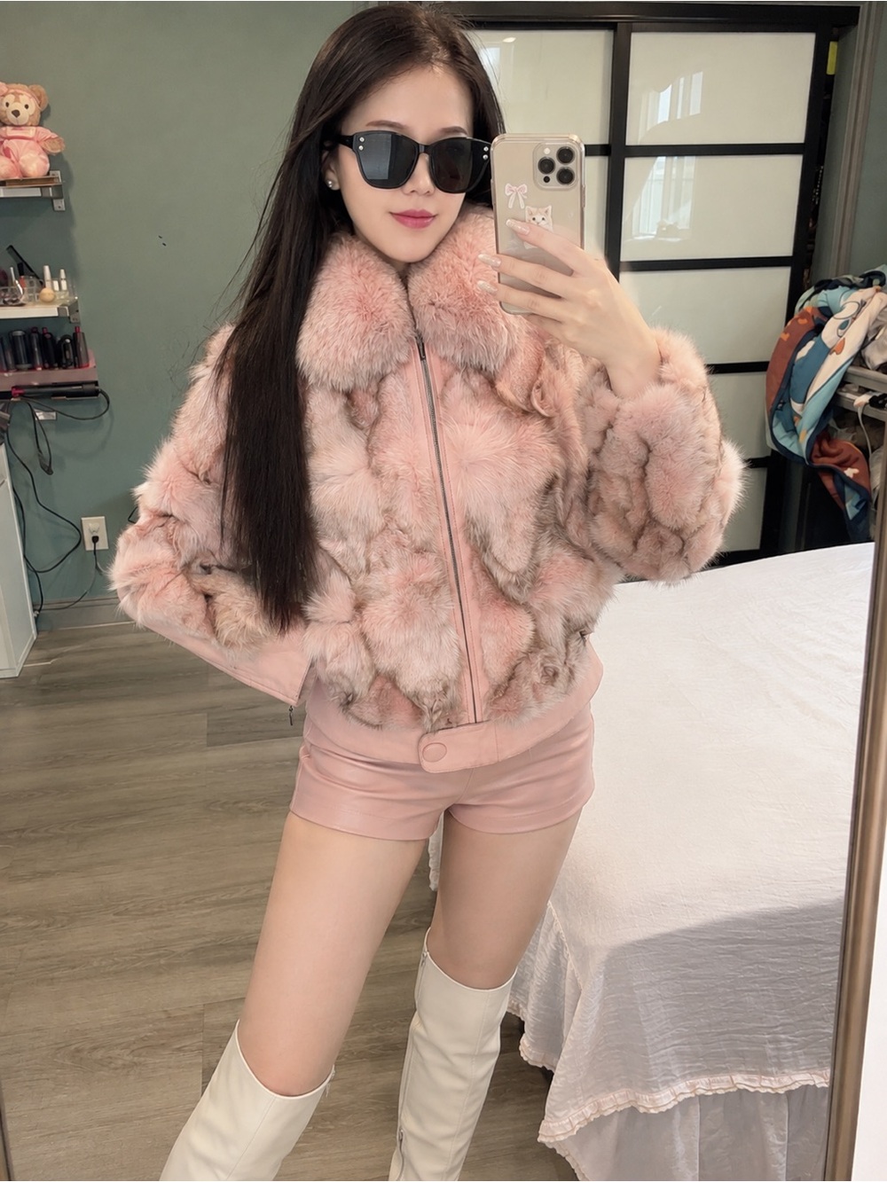 Vintage Pink Fox Fur & Lamb Leather Cropped Jacket XS/S